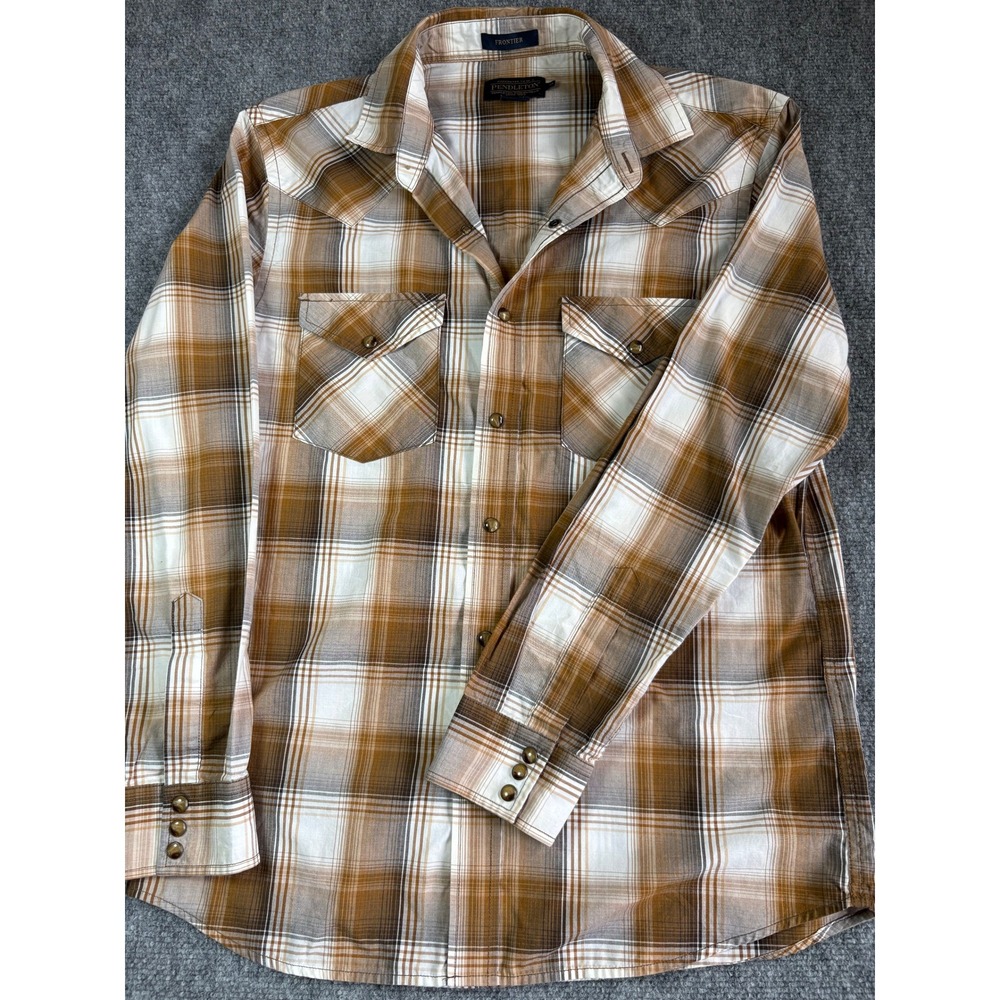 Pendleton Frontier Western Plaid Snap Button Down Shirt Brown Cream Mens Medium
